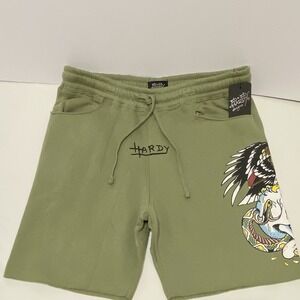 Ed Hardy Mens Green Fleece Eagle Skull Snake Sweat Shorts Large Tattoo NWT Y2K